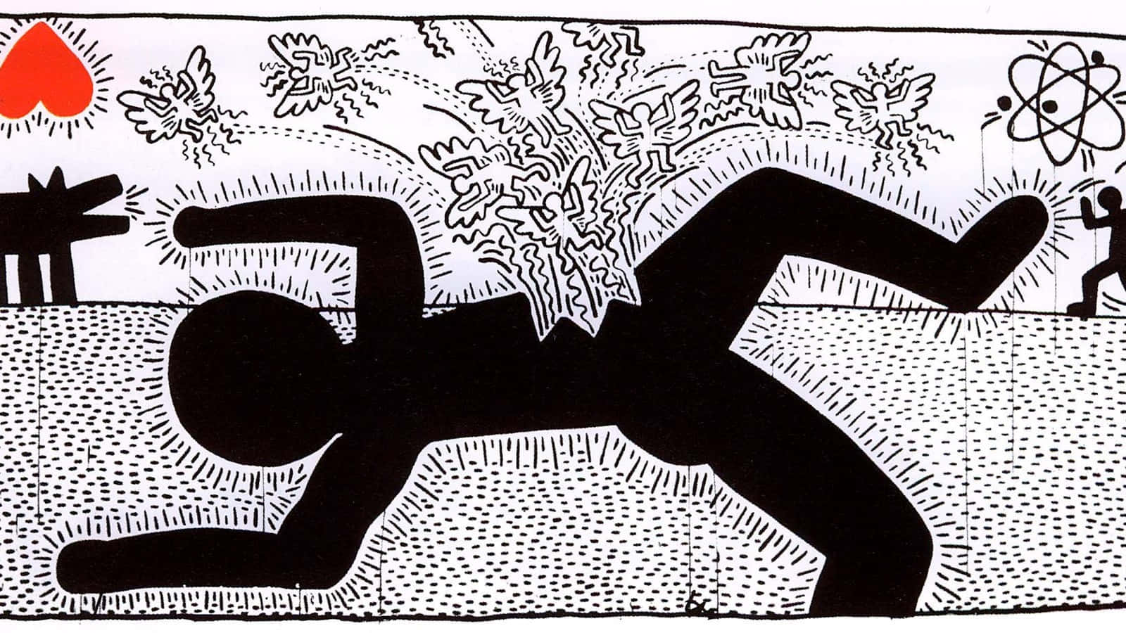  壁紙 — 一個大膽的黑色剪影，描繪一個正在移動的人物，周圍環繞著抽象圖案和符號，如心形和原子，採用高對比線條藝術風格。