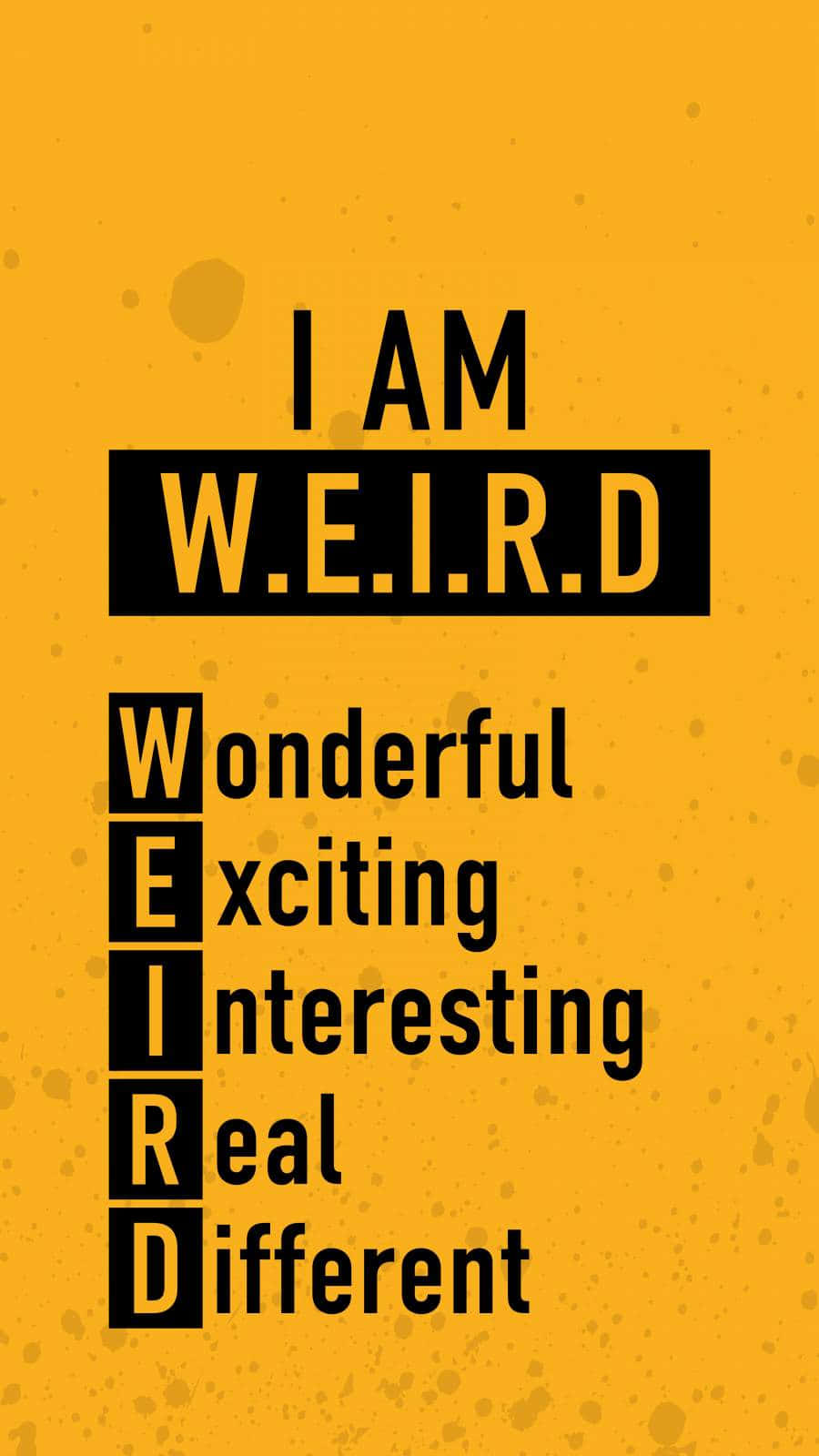  壁紙 — 粗體黑色文字宣示「I AM W.E.I.R.D.」，每個字母垂直對齊其定義，背景為紋理黃色。