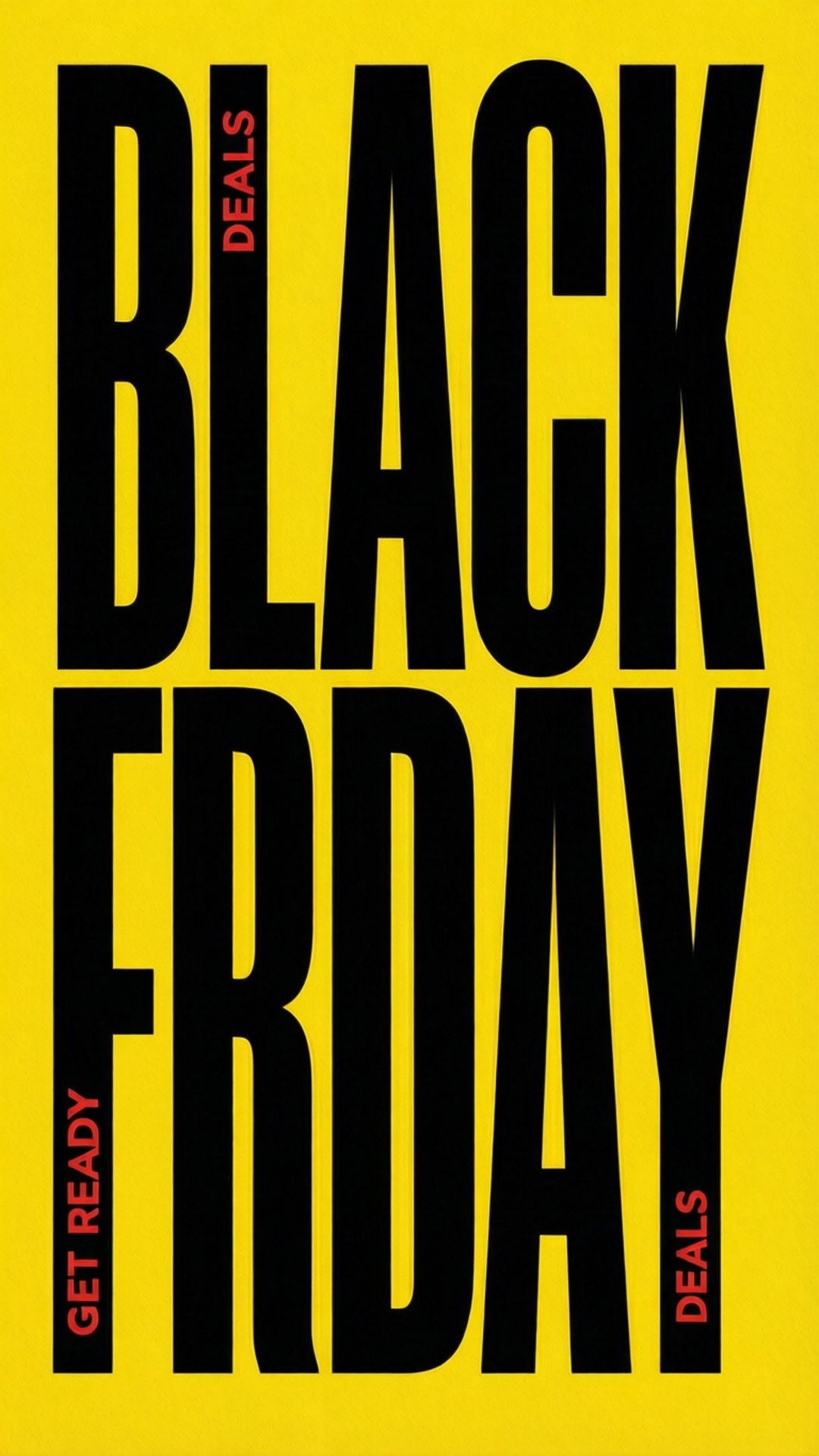 Black Friday 桌布 壁紙 — 鮮黃色背景上的粗體黑色文字宣佈「BLACK FRIDAY」，並以紅色強調「DEALS」和「GET READY」。