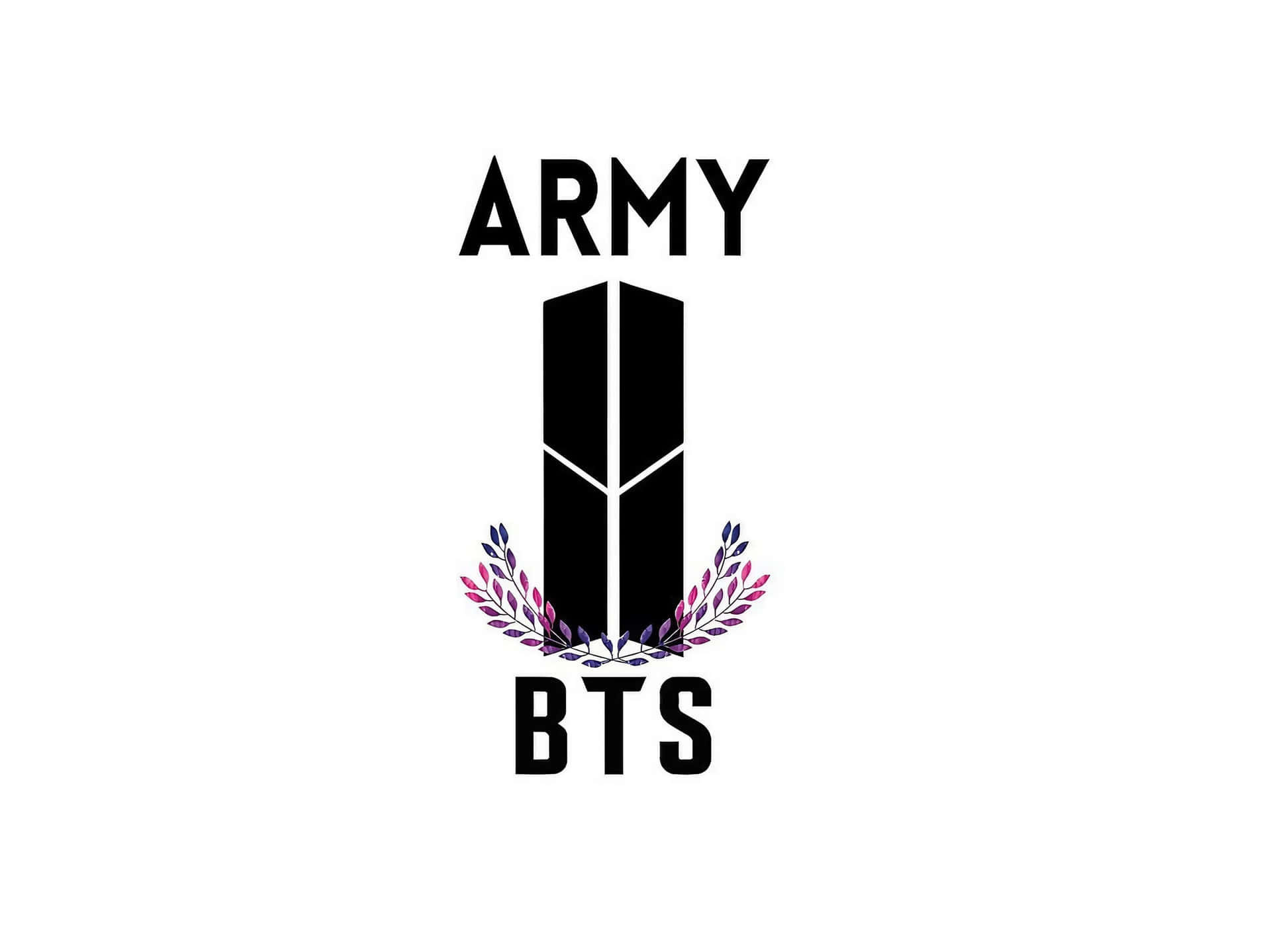  壁紙 — 粗體黑色文字顯示ARMY和BTS，兩側襯托著一個帶有紫色和粉紅色月桂花環點綴的風格化標誌，背景為白色。