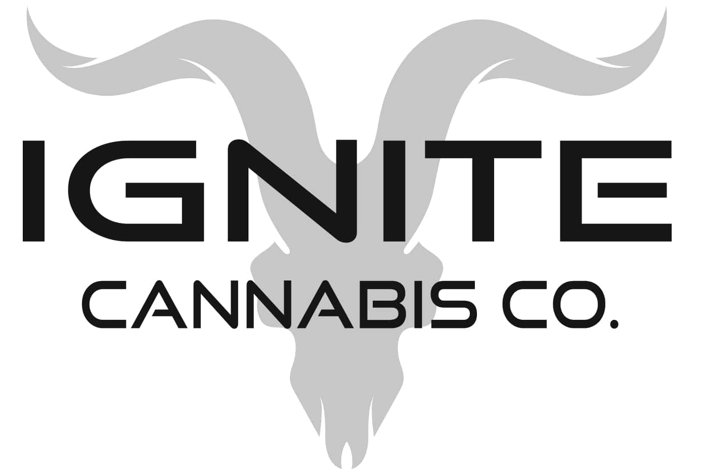  壁紙 — 粗體黑色文字顯示 ignite cannabis co.，疊加在灰色風格化的山羊頭骨標誌上。
