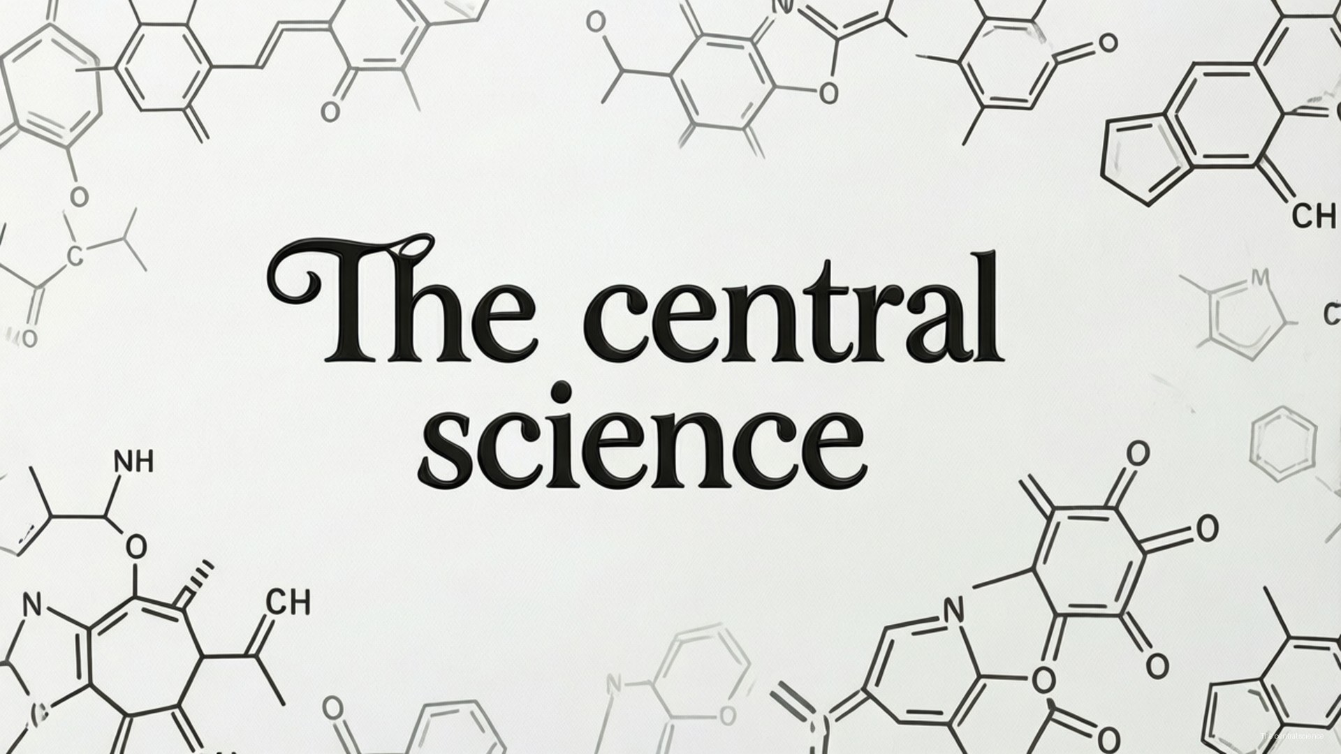 Chemistry Typography 壁紙 — 粗體黑色文字寫著「The central science」，背景為淺色，散佈著化學結構圖。
