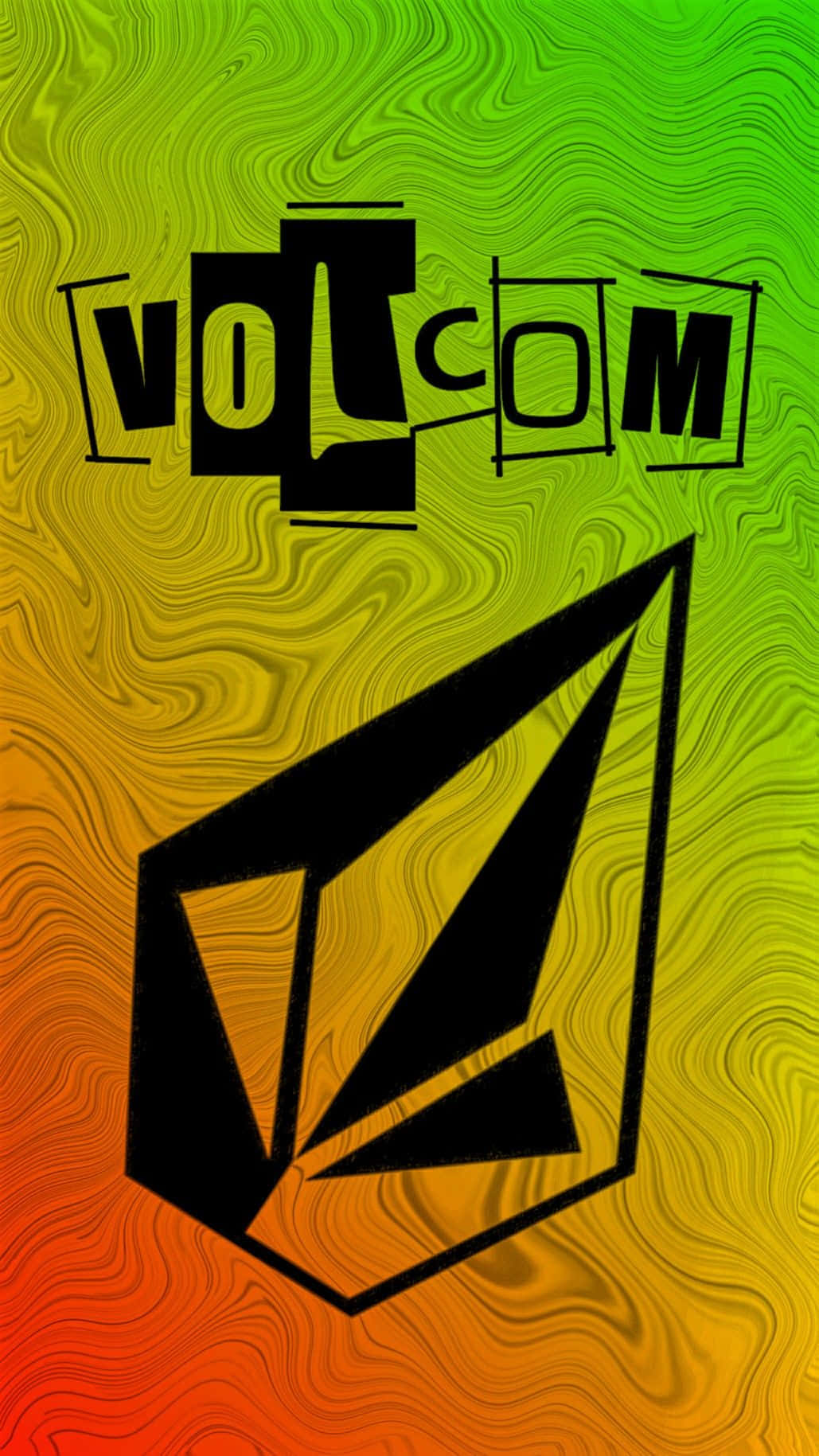  壁紙 — 大膽的黑色 Volcom 標誌和山峰標誌漂浮在綠色、黃色和橙色的迷幻漸變背景上，帶有波浪圖案。