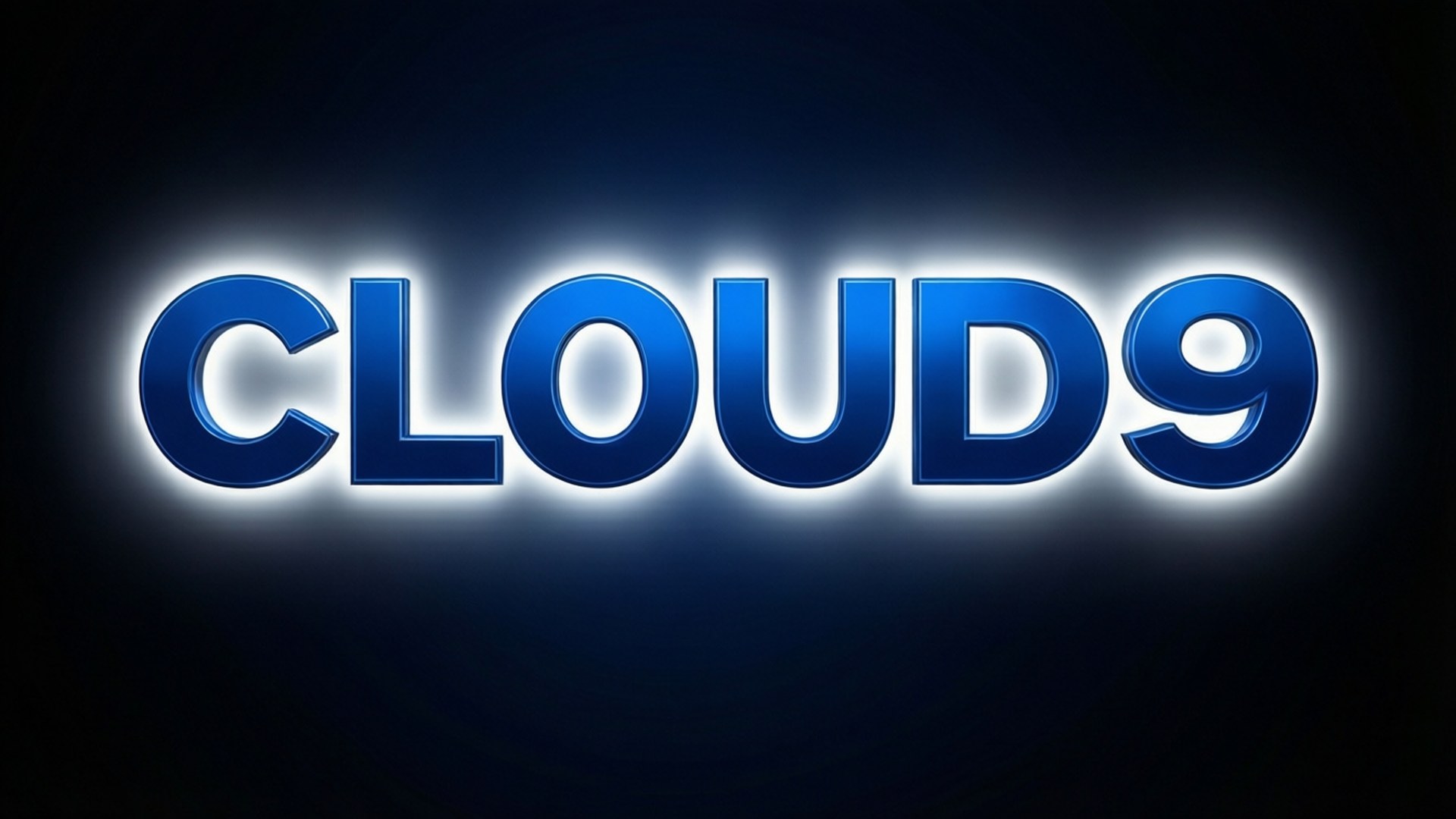 Bold Cloud9 Typography 壁紙 — 大膽的藍色發光 'CLOUD9' 文字，帶有明亮的白色光暈，在深色漸變背景上。