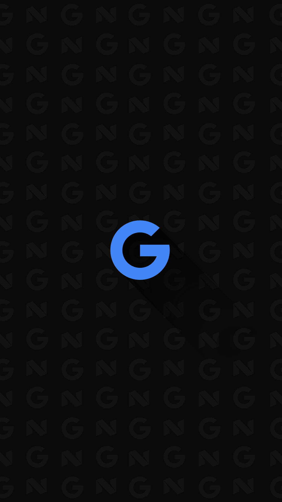 藍色 Google G 標誌在黑色背景上，帶有模糊的重複 G 圖案。 — Google 壁紙