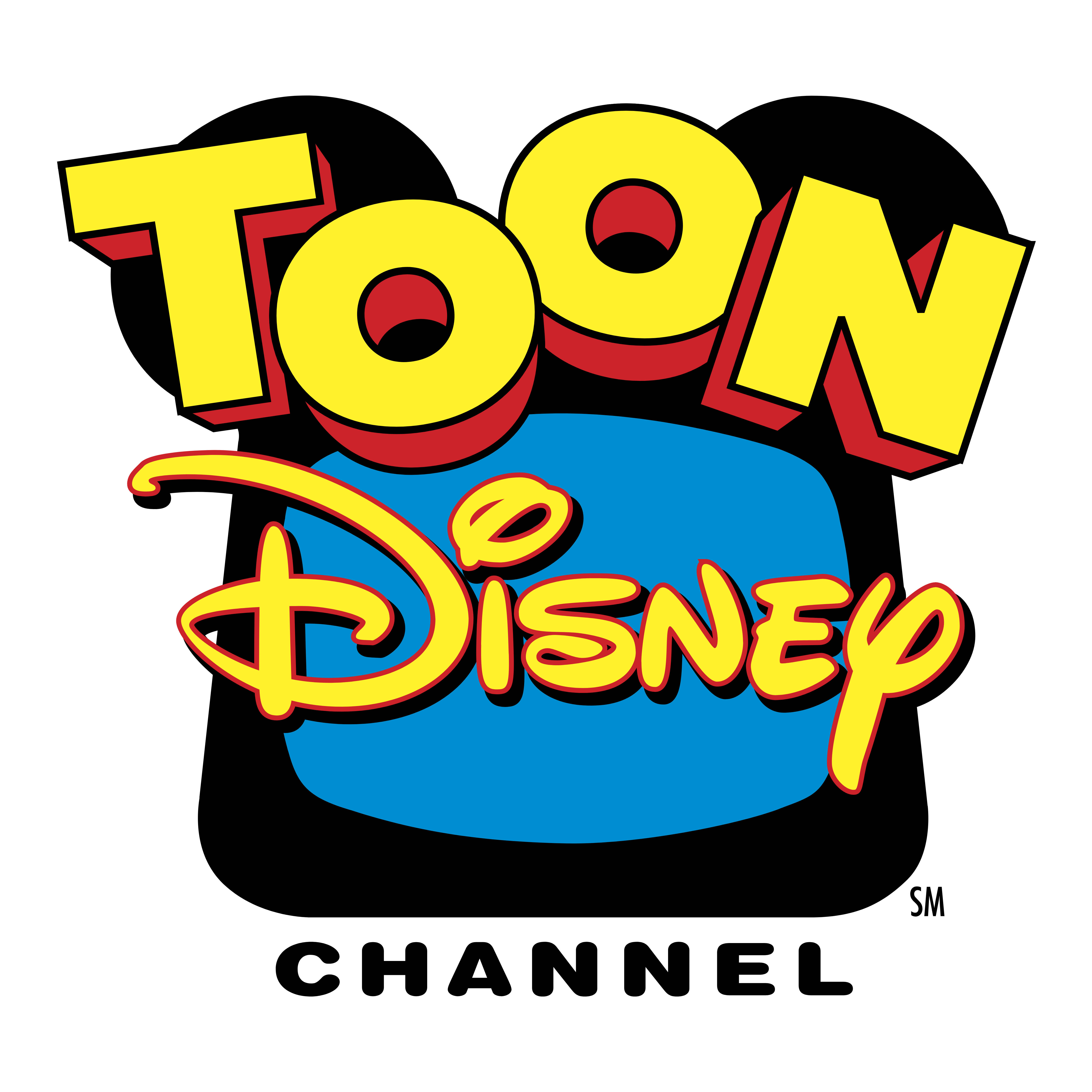 迪士尼頻道 桌布 壁紙 — Toon Disney Channel 的大膽卡通標誌，黑色背景上有黃色、紅色和藍色的 3D 風格字體。