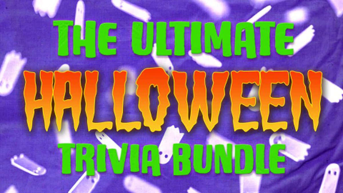  壁紙 — 大膽色彩繽紛的萬聖節文字在紫色背景上寫著「ultimate trivia bundle」，並有漂浮的白色鬼魂。