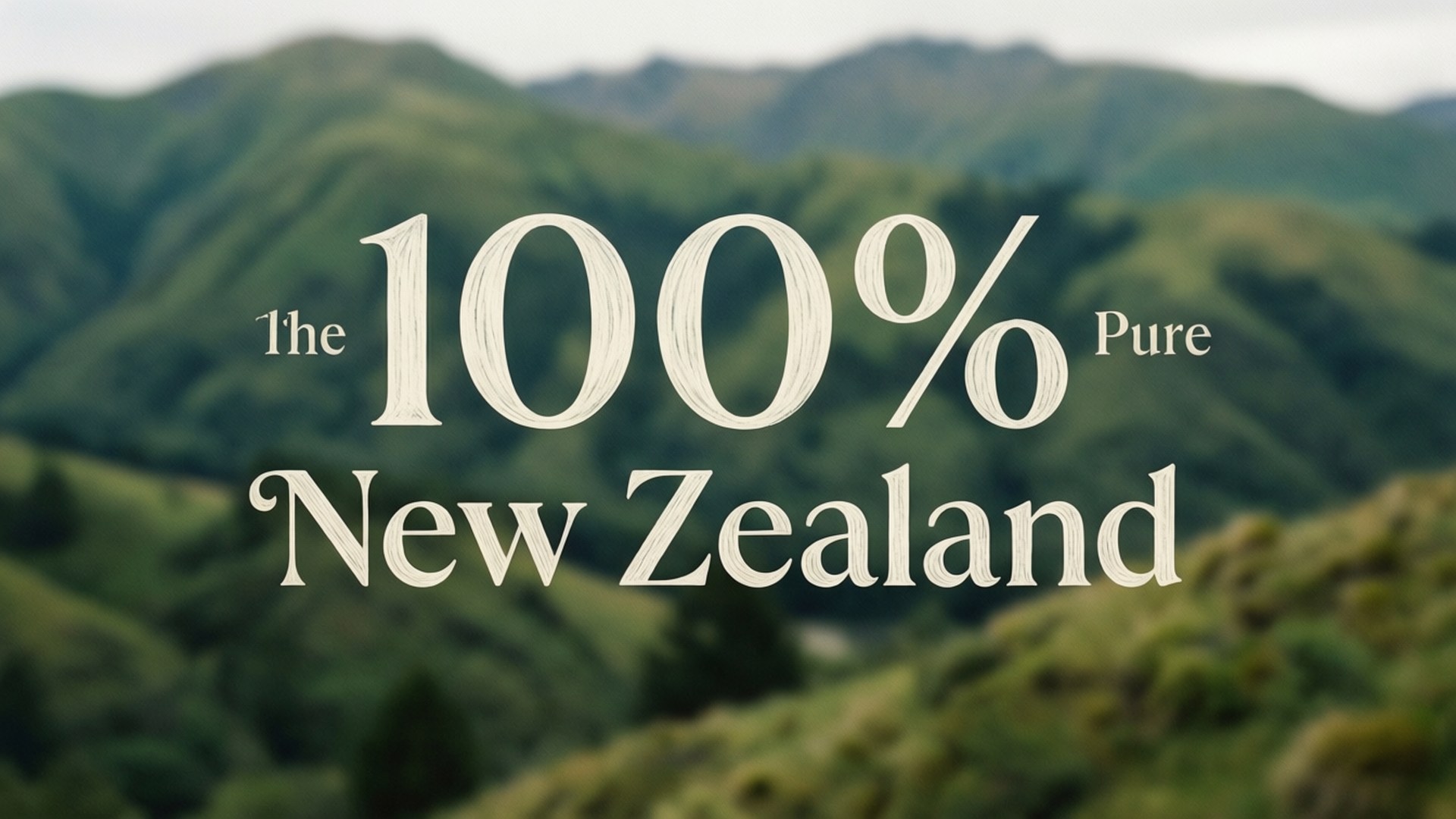 100% Pure New Zealand 壁紙 — 粗體奶油色文字 'The 100% Pure New Zealand' 覆蓋在柔焦的綠色山景上。