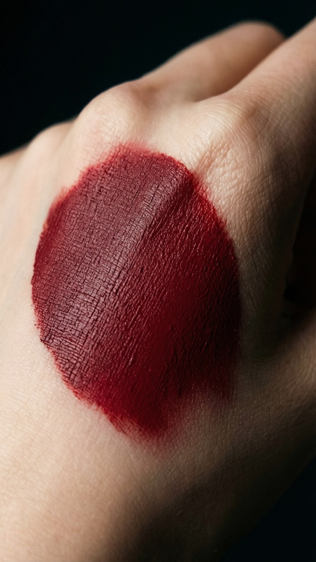 Cherry Lips 壁紙 — 在黑色背景上，手背完美圓形塗抹的深紅色霧面唇膏試色。