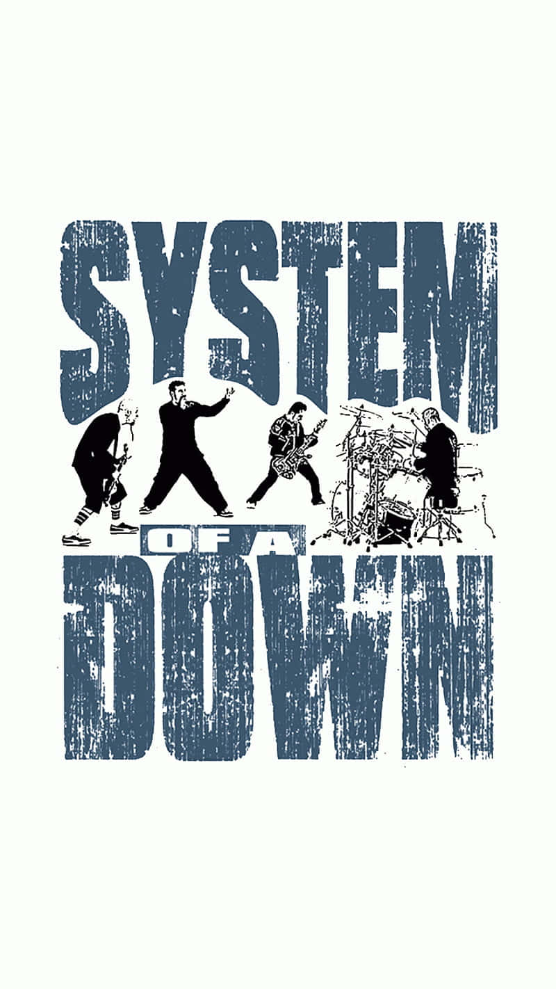  壁紙 — 粗體磨損的藍色字體拼寫出 SYSTEM OF A DOWN，下方有黑色剪影的樂團成員演奏樂器。