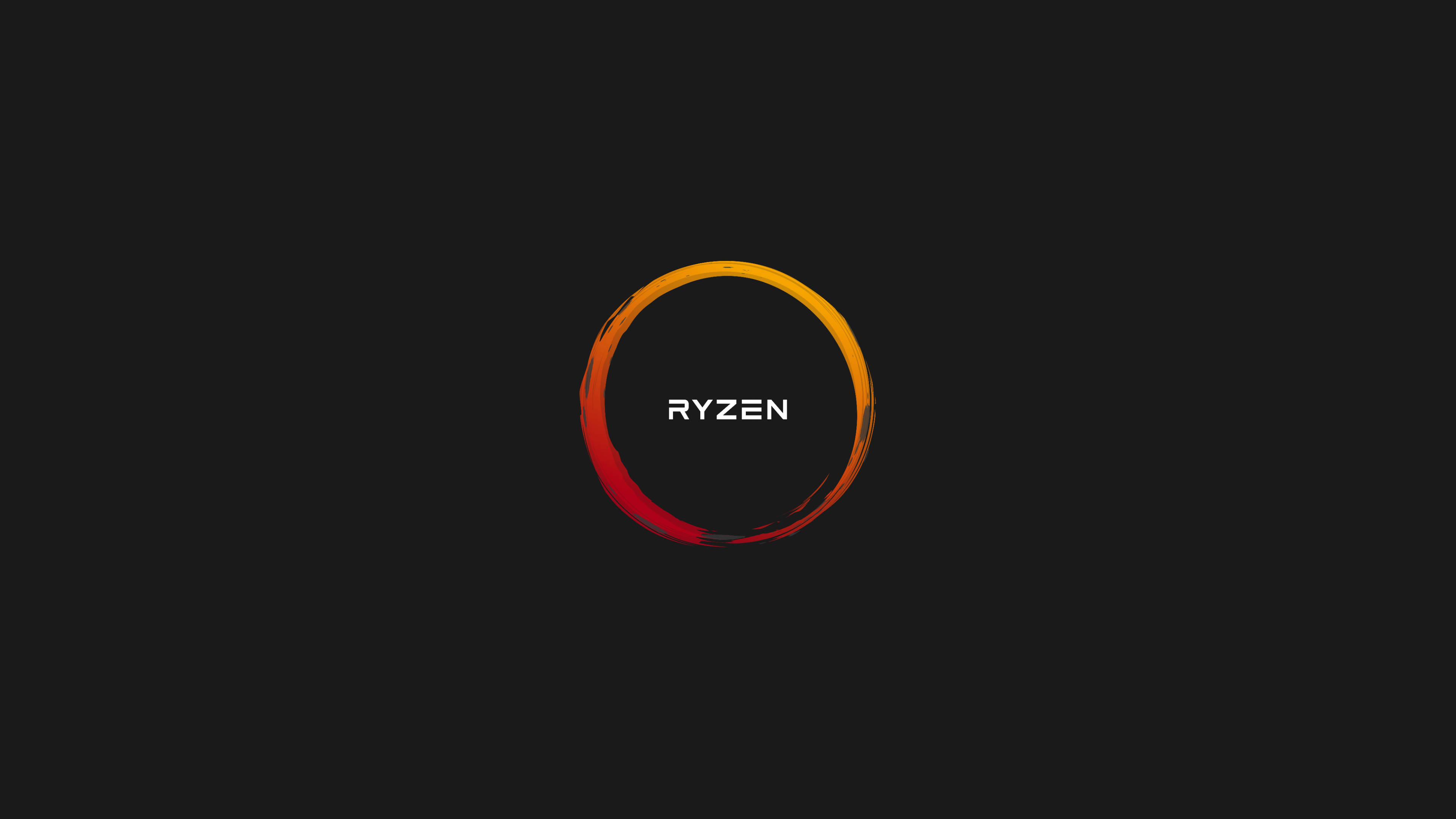 Ryzen 標誌，在黑色背景上有一個火橙色和紅色的筆觸圓圈。 — Amd 壁紙