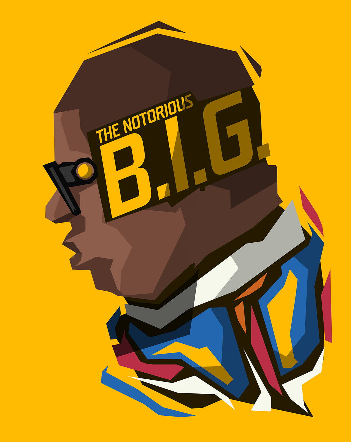 黃色 桌布 壁紙 — The Notorious B.I.G. 的側面大膽幾何插圖，以充滿活力的黃色背景和色彩繽紛的抽象衣領呈現。
