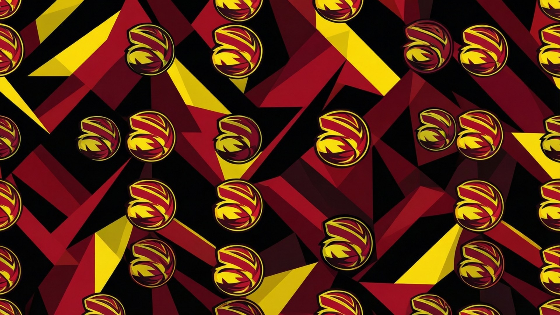Geometric Team Colors 壁紙 — 大膽的幾何圖案，在深色背景上呈現紅、黃、黑色的風格化籃球。