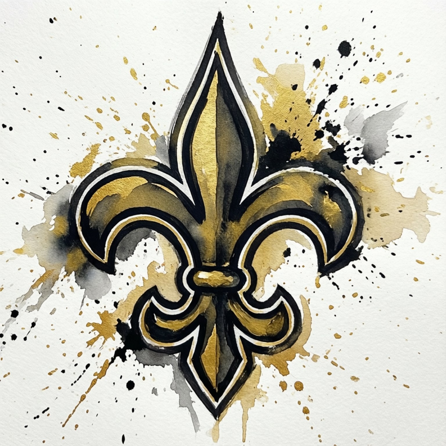 Watercolor Fleur-de-lis 壁紙 — 一個大膽的金色和黑色鳶尾花徽章，在紋理白色背景上濺滿動態顏料。