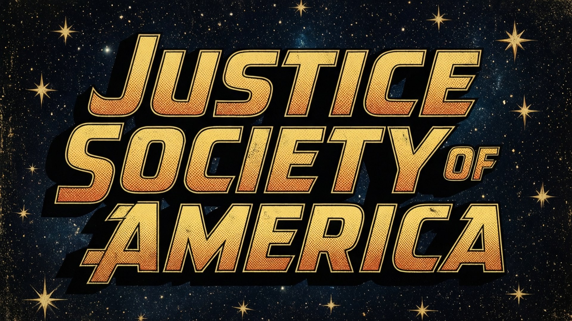 美國正義協會 桌布 壁紙 — 粗體金色「Justice Society of America」文字帶有半色調紋理，在星空宇宙夜空下發光。