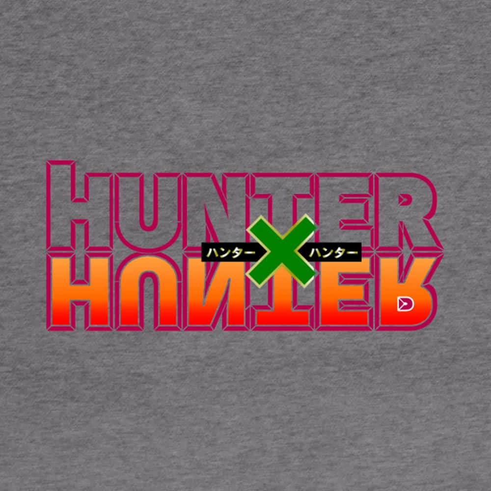 獵人 x 獵人 桌布 壁紙 — Hunter x Hunter 大膽漸變標誌，粉紅色和橙色文字印在 Heather 灰色布料上。