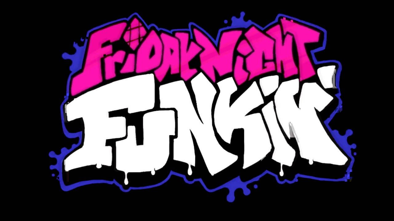 星期五晚上放克 桌布 壁紙 — Friday Night Funkin' 的大膽塗鴉風格標誌，黑色背景上滴落粉紅色和藍色字母。