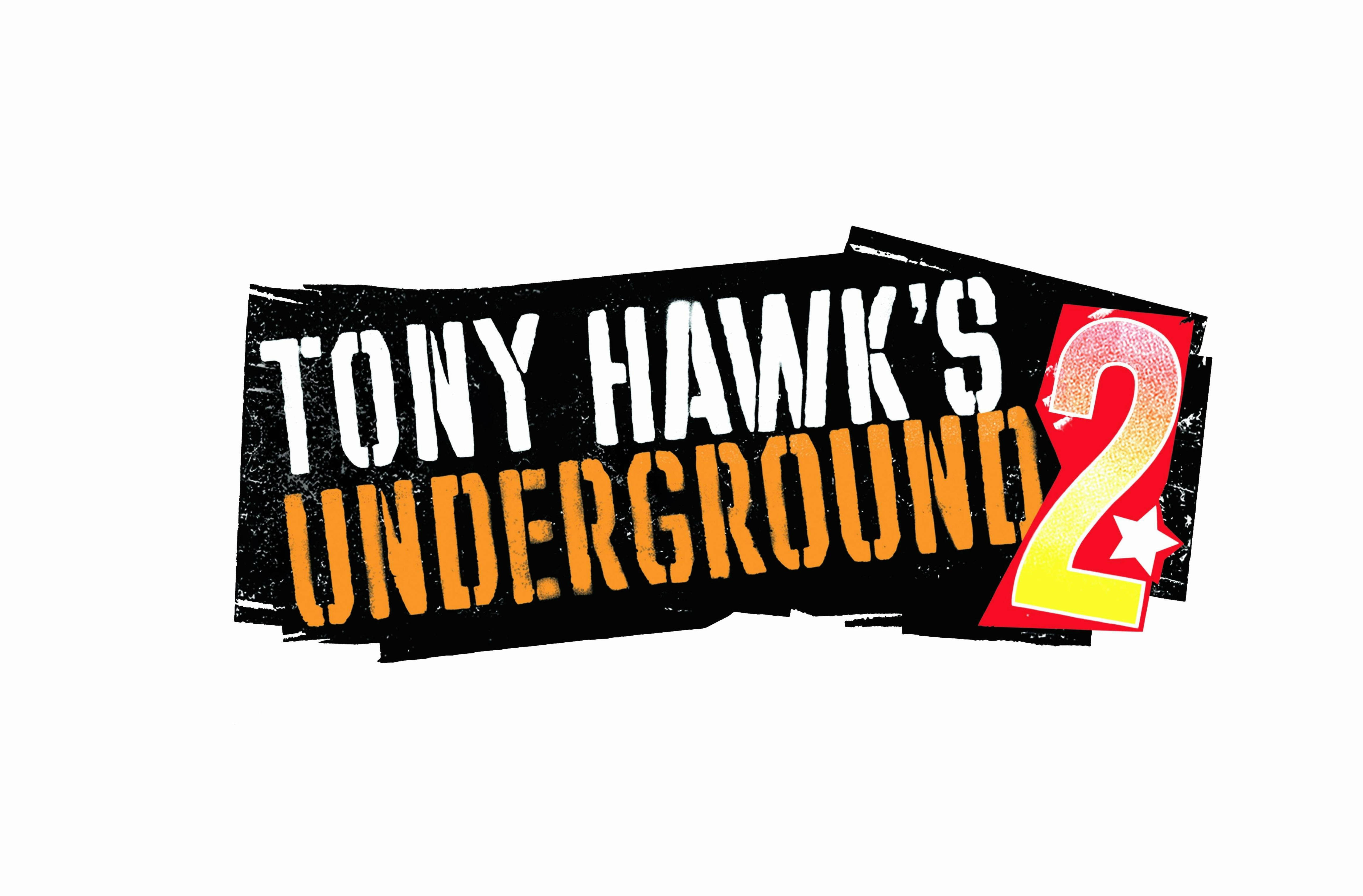 Hawk 桌布 壁紙 — Tony Hawk's Underground 2 的大膽塗鴉風格標誌，白色背景上帶有磨損的黑色、橙色和紅色文字。