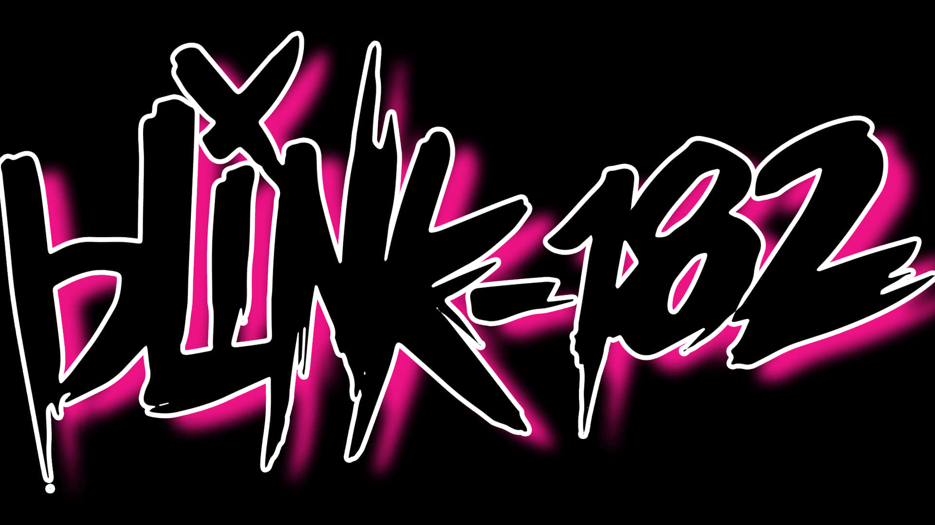  壁紙 — 大膽的塗鴉風格文字 'BLINK-182' 在純黑背景上散發充滿活力的粉紅色霓虹光芒。