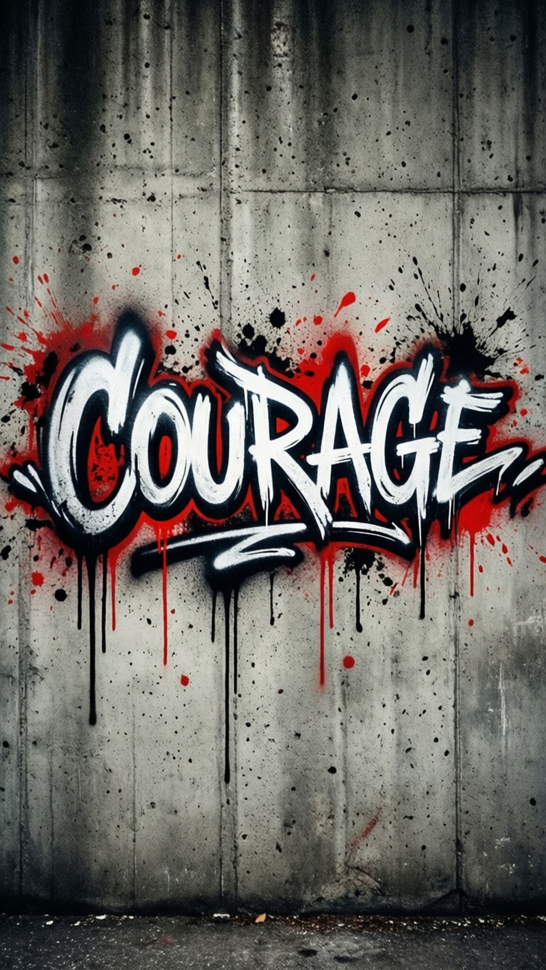Courage Graffiti 壁紙 — 在風化的混凝土牆上，白色粗體塗鴉字詞「勇氣」帶有紅色和黑色的飛濺和滴落。