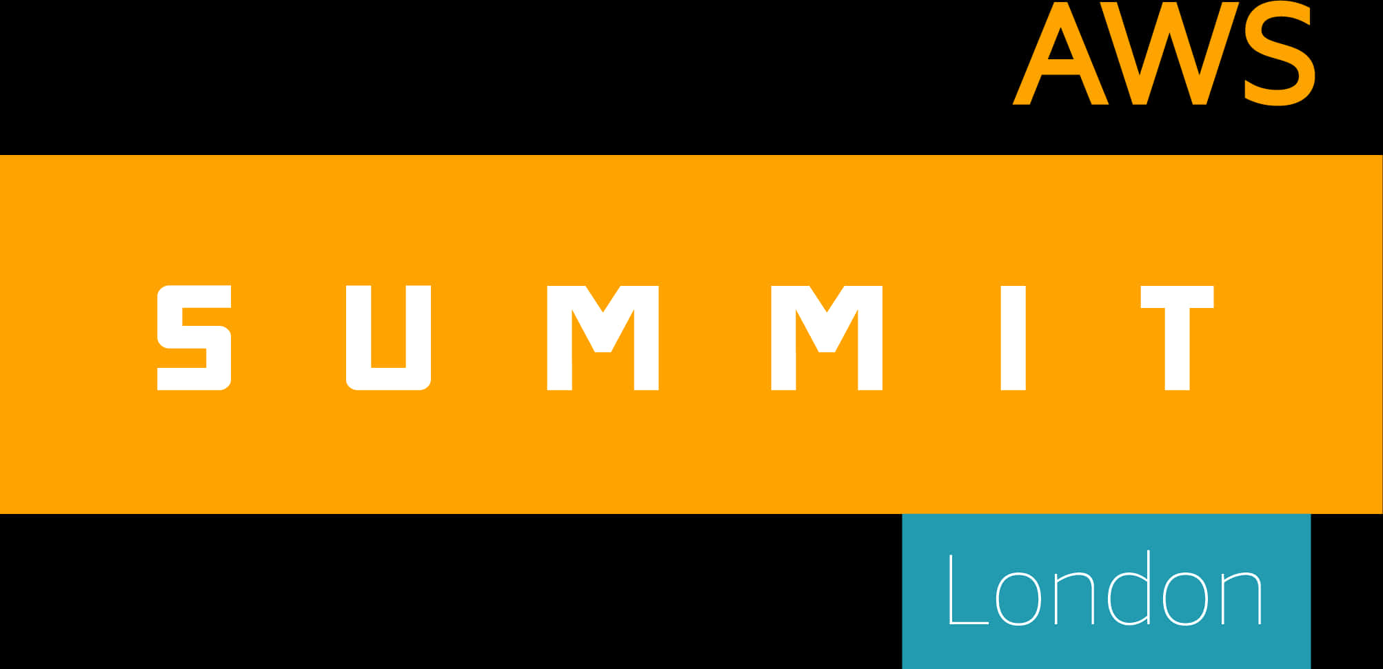 亞馬遜 桌布 壁紙 — AWS Summit London 的醒目圖形標誌，在黑色背景上以橙色和藍綠色區塊配上白色文字。