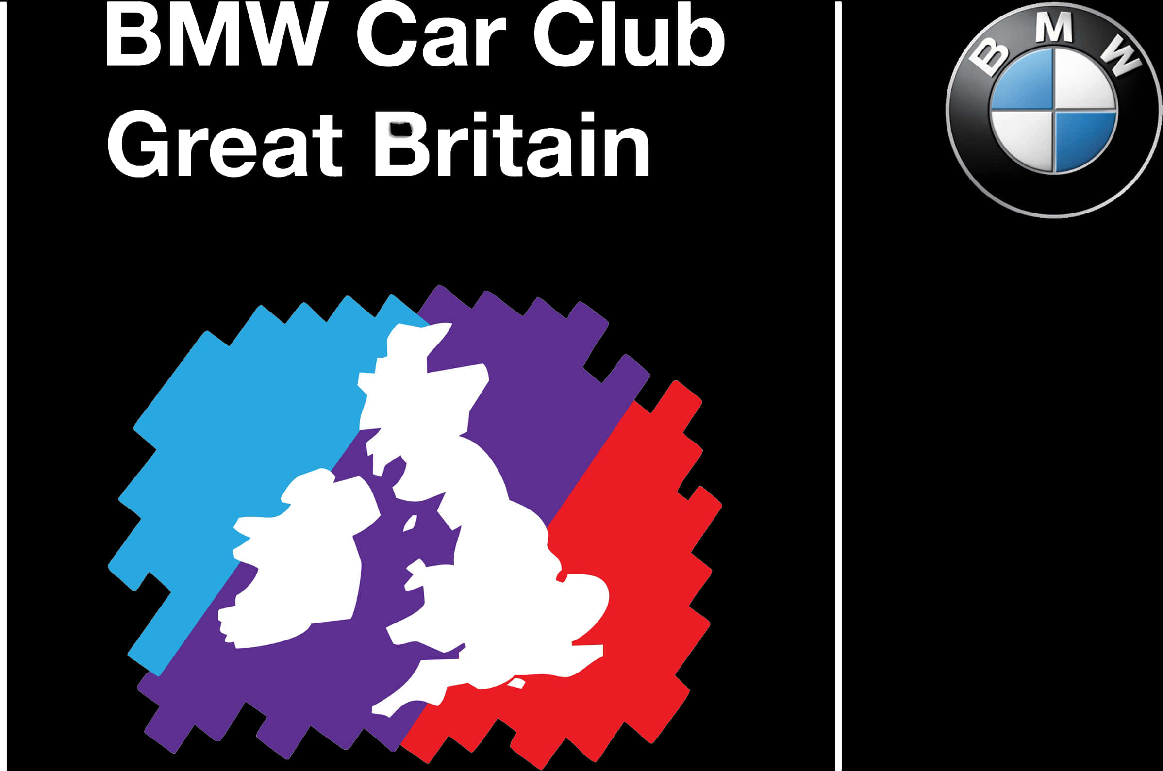 BMW 動圖 桌布 壁紙 — BMW Car Club Great Britain 的大膽圖形標誌，以黑色背景上的藍色、紫色和紅色鋸齒形狀襯托白色英國地圖輪廓。