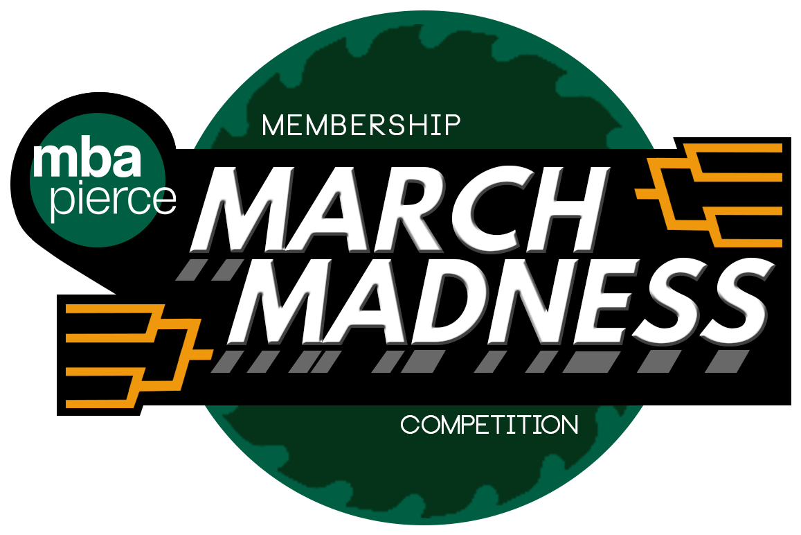 三月 桌布 壁紙 — MBA Pierce March Madness 會員比賽的大膽圖形標誌，帶有綠色圓形背景和橙色括號圖標。