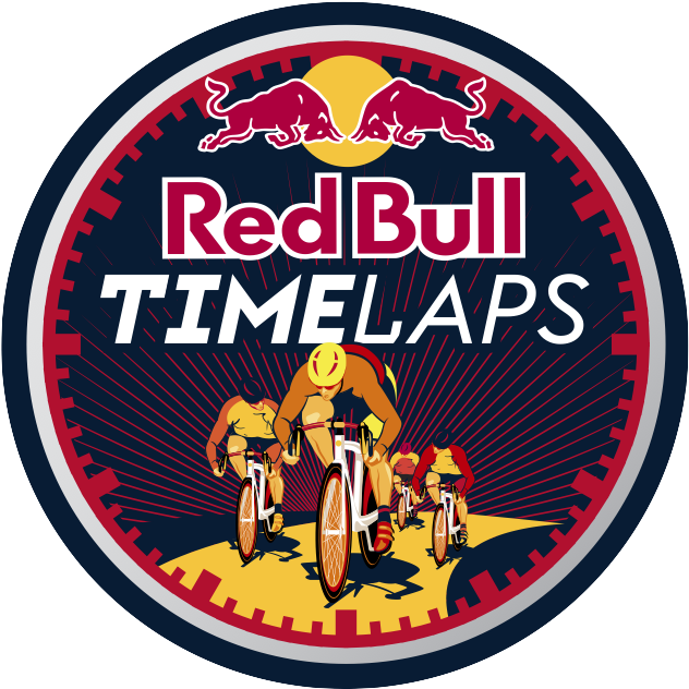 紅牛 桌布 壁紙 — Red Bull Timelaps 的大膽圖形標誌，特色是風格化的自行車手在陽光下與衝鋒的公牛競賽。