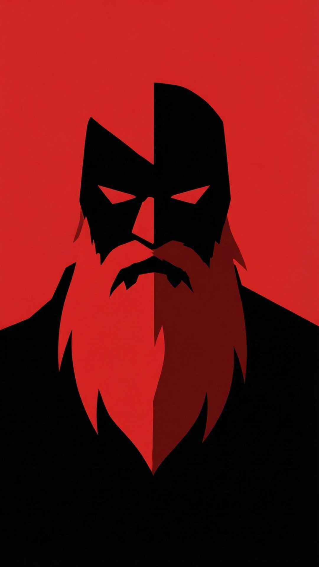 Minimalist Tord Red 壁紙 — 一個大膽的圖形肖像，描繪一位留鬍鬚的戰士，戴著分裂的黑色面具，背景是鮮豔的紅色。