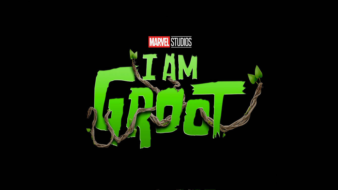 綠色 'I AM GROOT' 文字與藤蔓和葉子在黑色背景上，帶有Marvel Studios標誌。 — 1366X768 壁紙