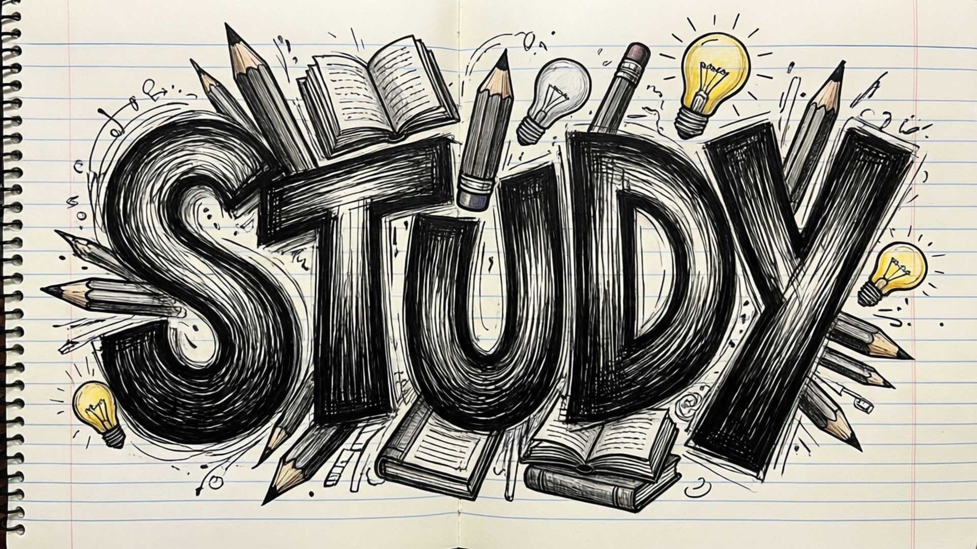 Study Typography Doodle 壁紙 — 粗體手繪單詞「STUDY」被鉛筆、書本和發光燈泡包圍，位於有線筆記簿紙上。