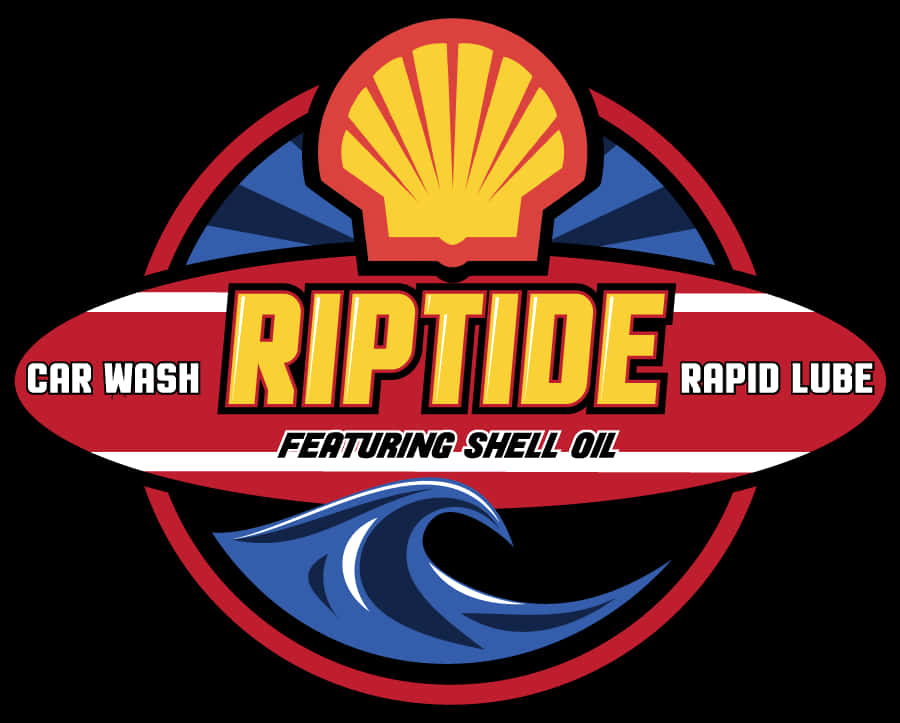 貝殼 桌布 壁紙 — Riptide Car Wash Rapid Lube 的醒目標誌，採用 Shell Oil，黃色貝殼、紅色衝浪板和藍色波浪，背景為黑色。