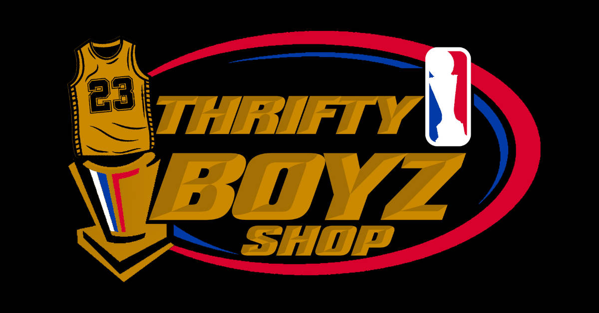 標誌 桌布 壁紙 — Thrifty Boyz Shop 的大膽標誌，黑色背景上有一個金色球衣，上面有23號和NBA標誌。