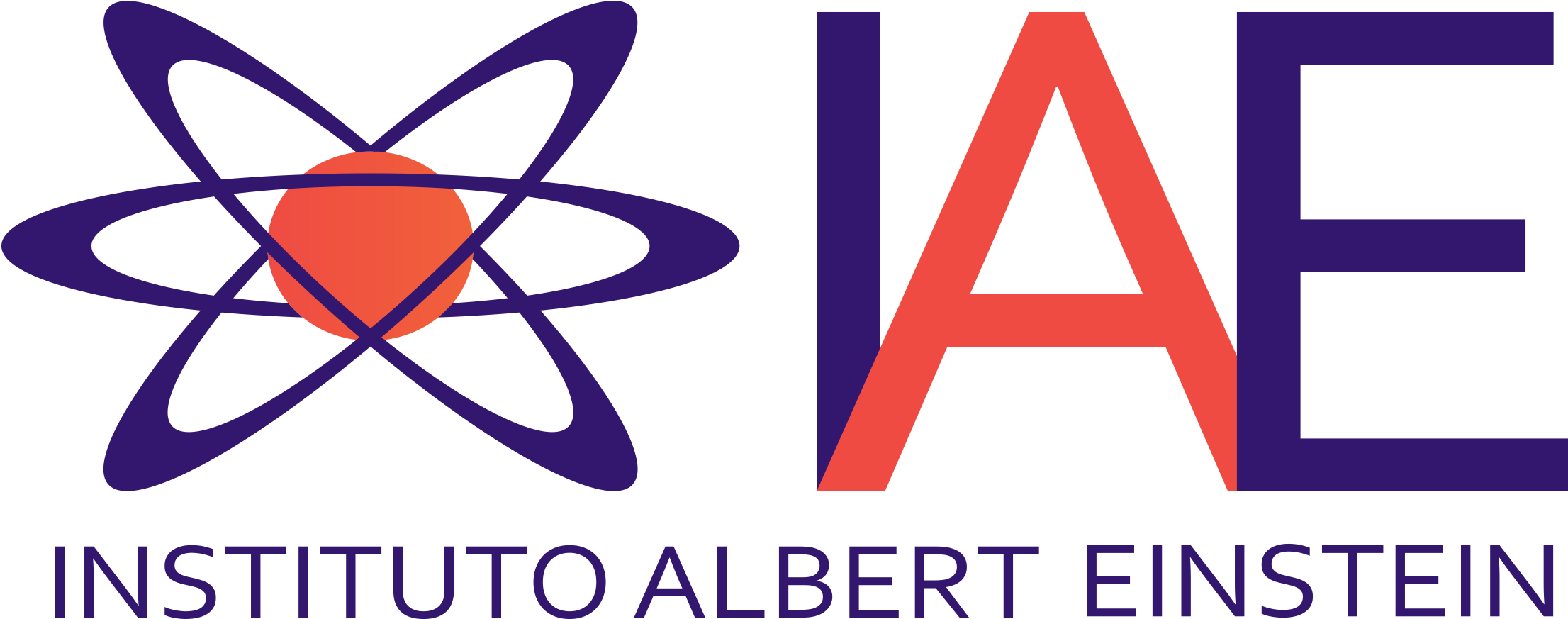 標誌 桌布 壁紙 — Instituto Albert Einstein 的大膽標誌，包含紫色原子符號和橙色原子核，旁邊是紅色和紫色的 IAE 字母。