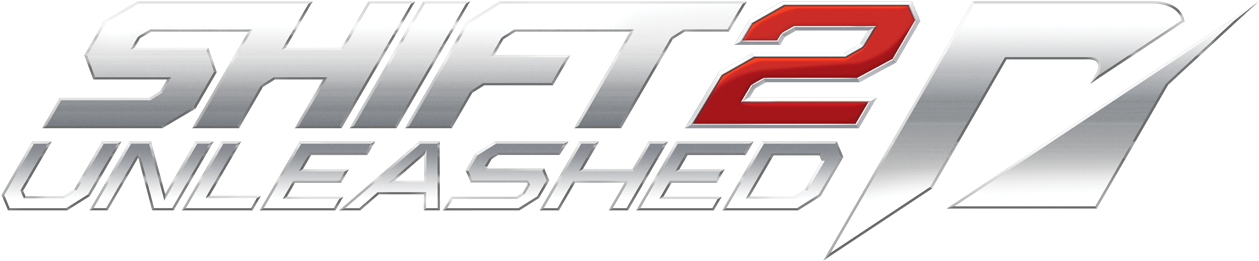 極速快感 回報 桌布 壁紙 — Shift 2 Unleashed 的醒目金屬標誌，帶有紅色點綴和動感角度設計，背景為黑色。