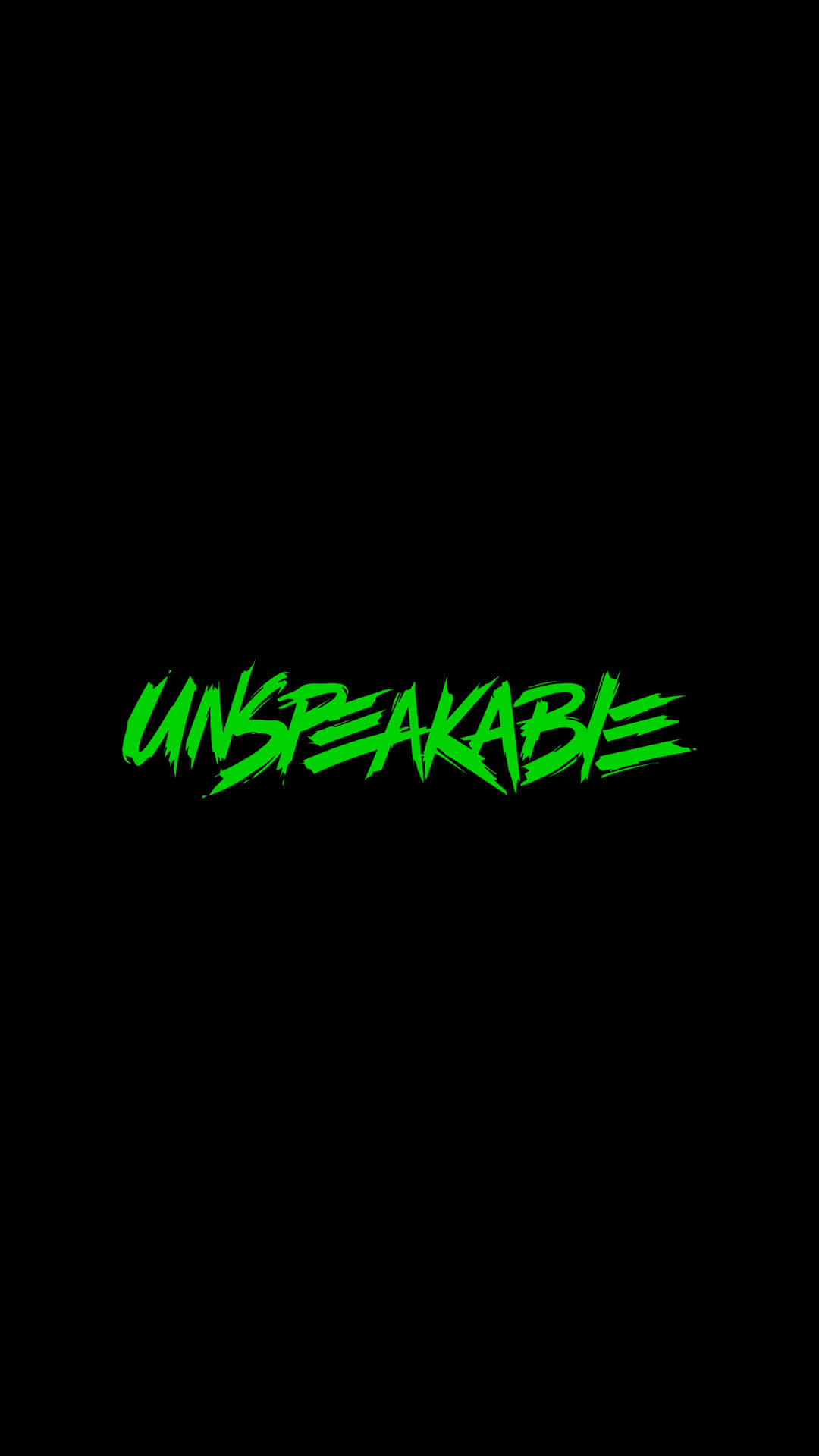  壁紙 — 大膽的霓虹綠色塗鴉風格文字拼寫出 unspeakable，在純黑色背景上發光。