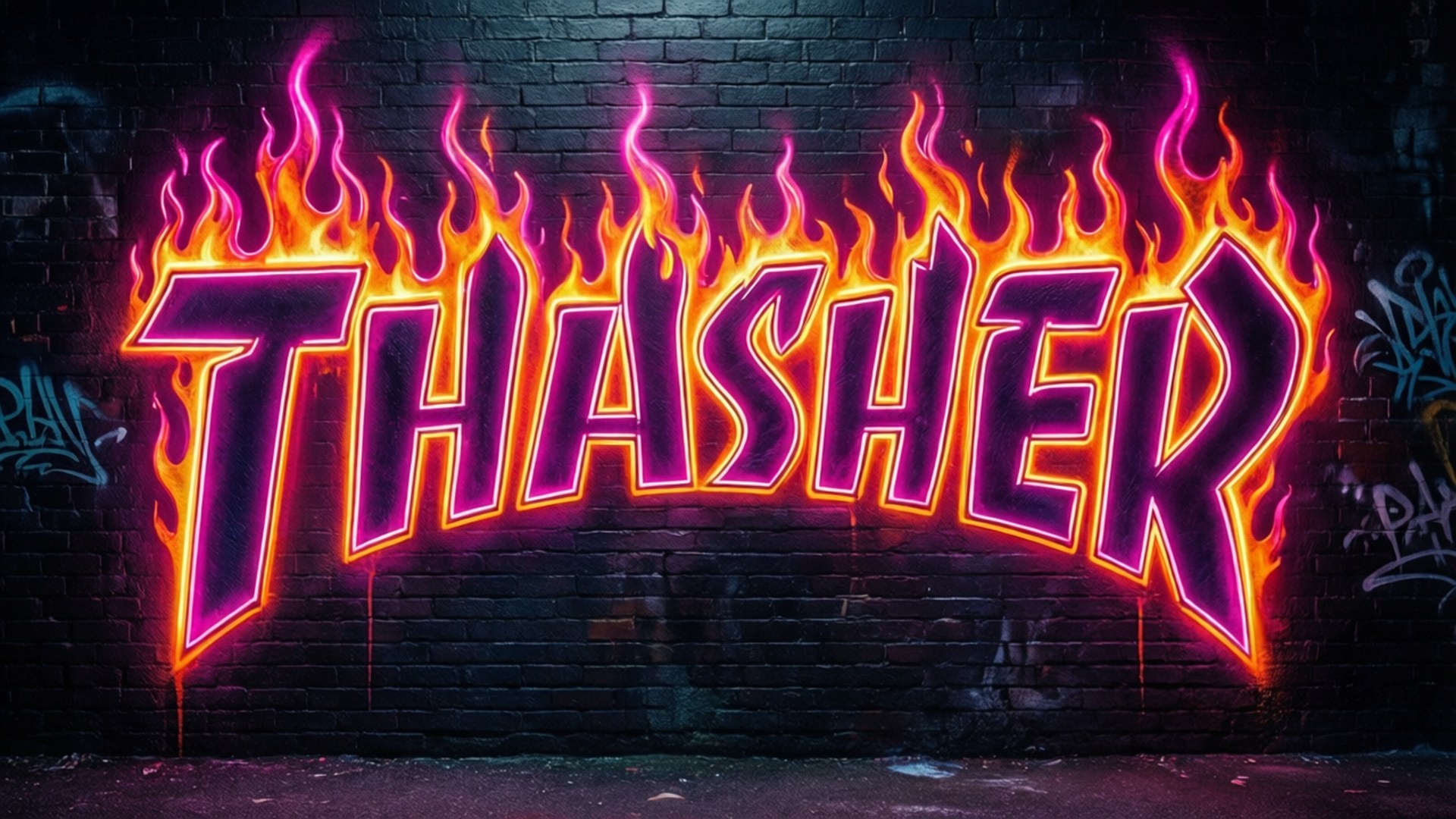 Neon Flames on Brick 壁紙 — 夜間在深色磚牆上，以鮮豔的霓虹紫和橙色火焰風格塗鴉拼出「THASHER」。