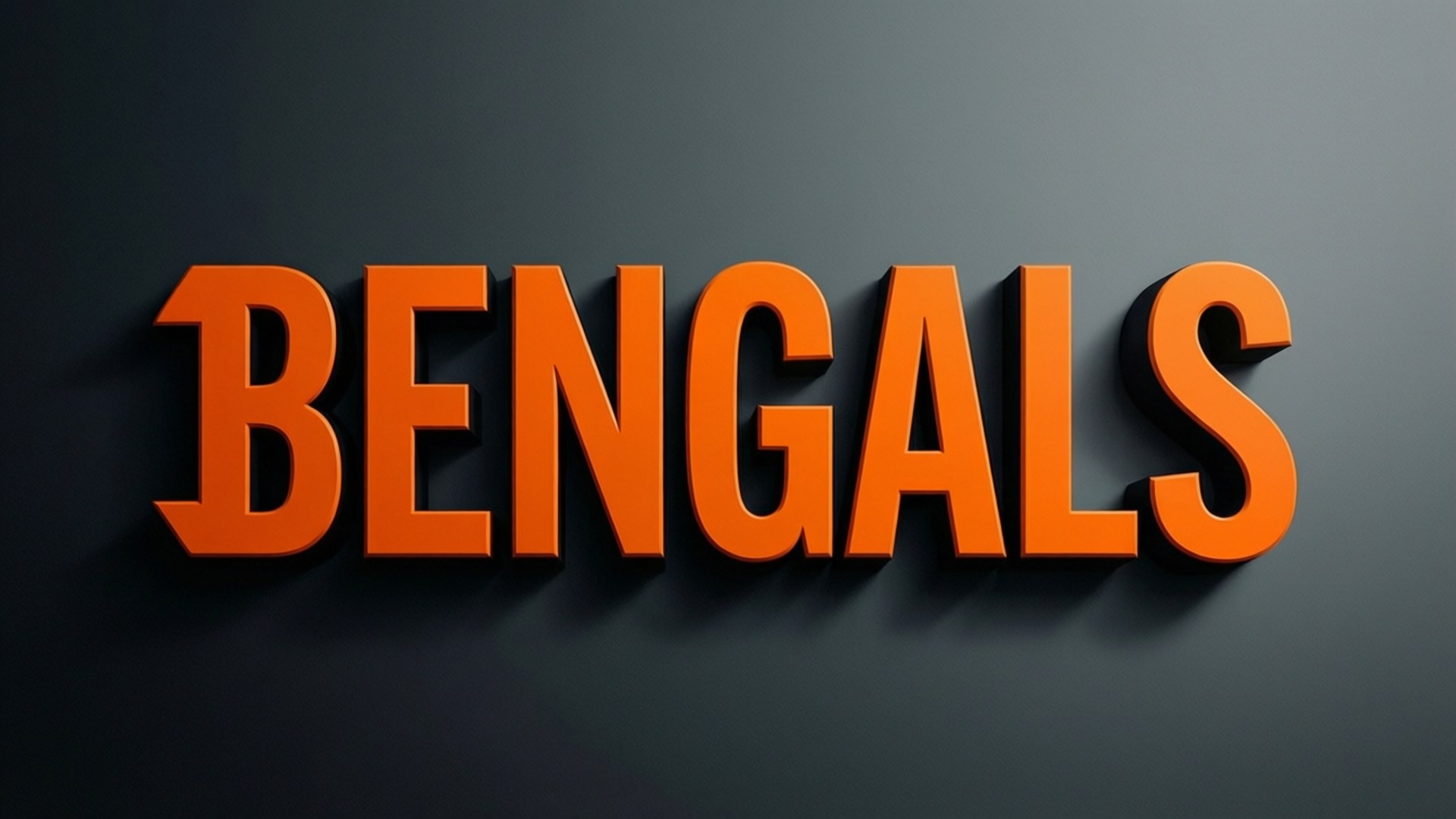 Bengals Wordmark Bold 壁紙 — 大膽的橙色3D字母拼出bengals，在深灰色漸變背景上投下銳利的陰影。