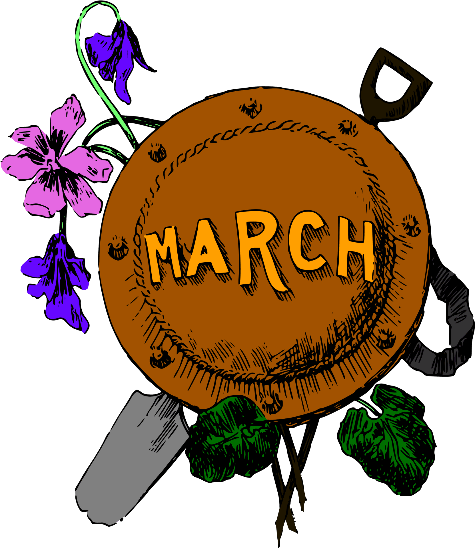 一個圖形插圖，顯示March這個詞在橙色圓圈上，搭配彩色花朵。 — MLB 壁紙