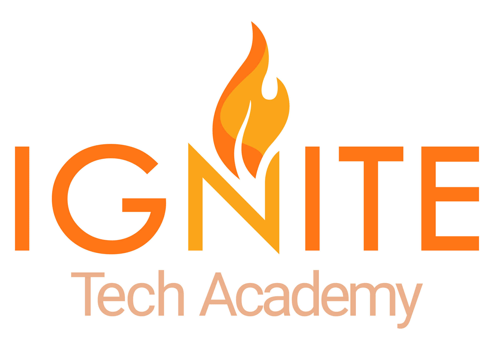  壁紙 — 白色背景上，粗體橙色「IGNITE」文字，以火焰取代字母N，下方為較柔和橙色的「Tech Academy」。