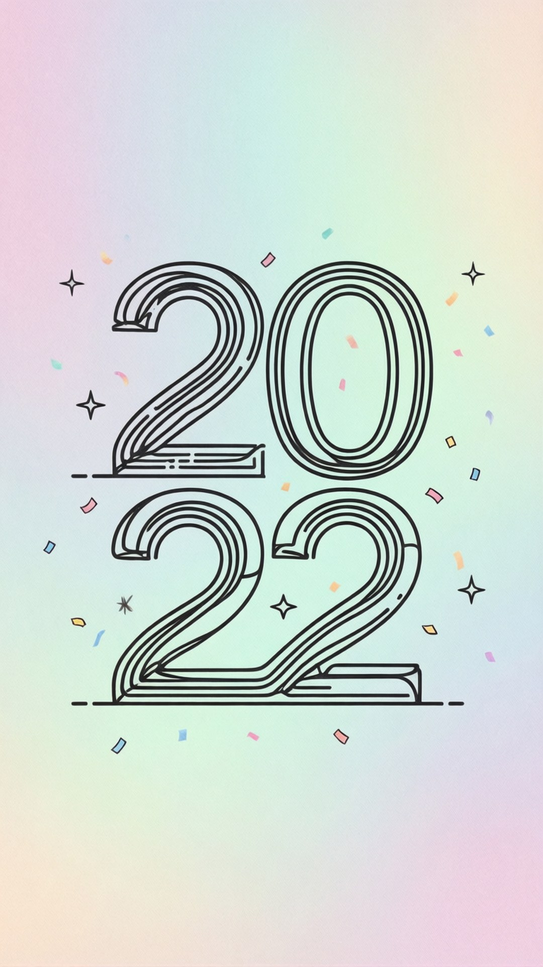 Minimalist Line Art 2022 壁紙 — 粗體輪廓的2022數字漂浮在柔和的粉彩漸變天空上，散落著色彩繽紛的紙屑和閃爍的星星。