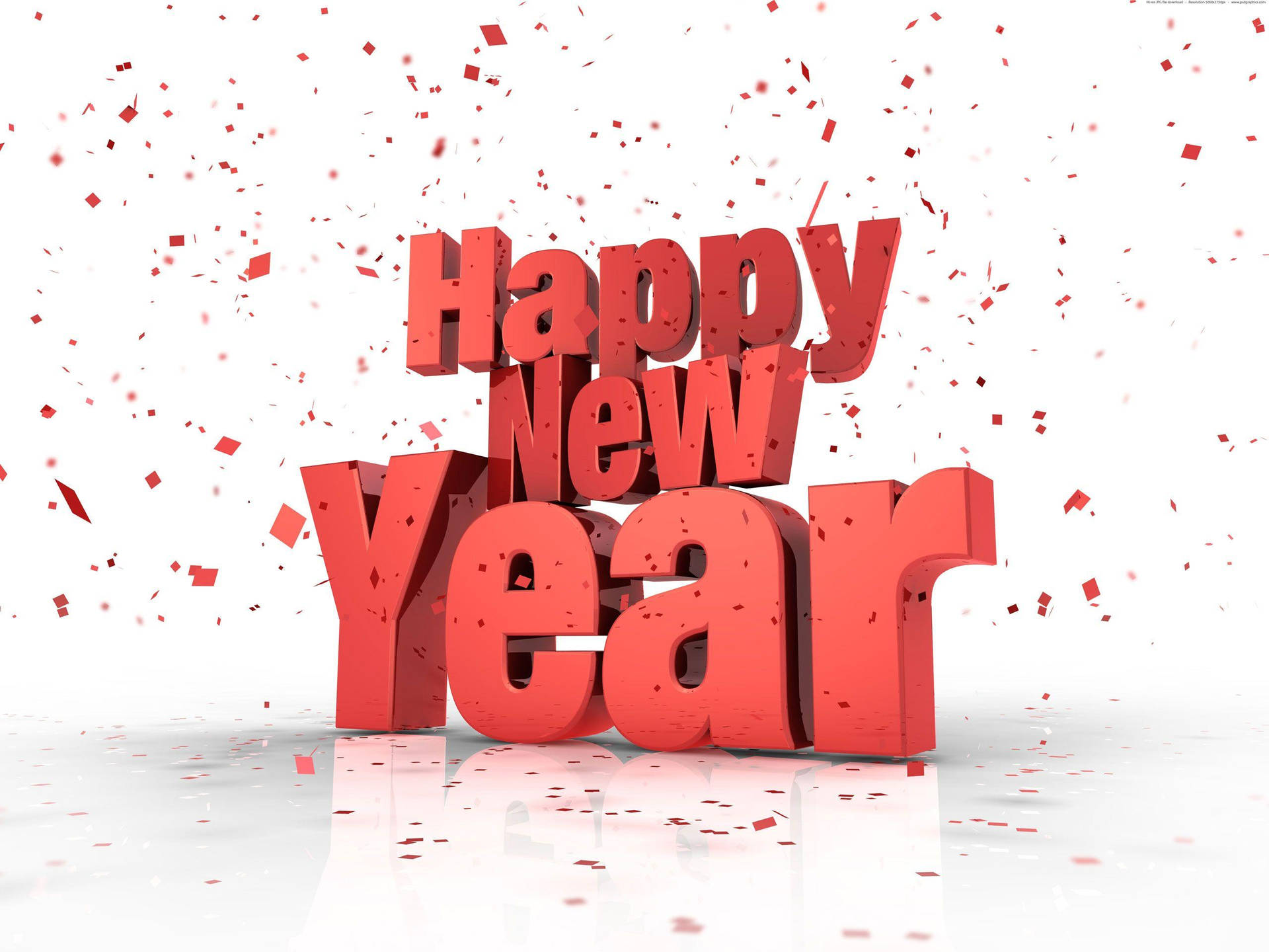 紅色3D Happy New Year文字，帶有落在反光白色表面上的五彩紙屑。 — 3D 壁紙