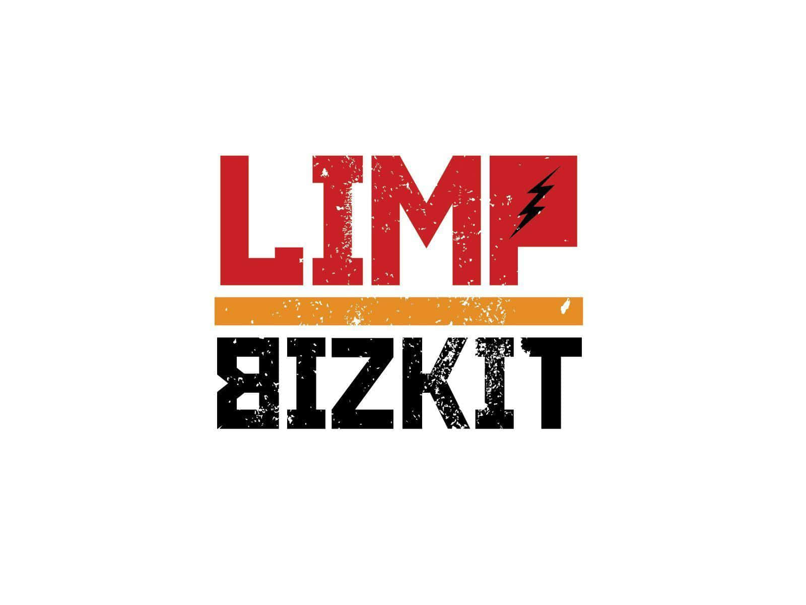  壁紙 — 大膽的紅色和黑色仿舊Limp Bizkit標誌，帶有閃電和橙色條紋，白色背景。