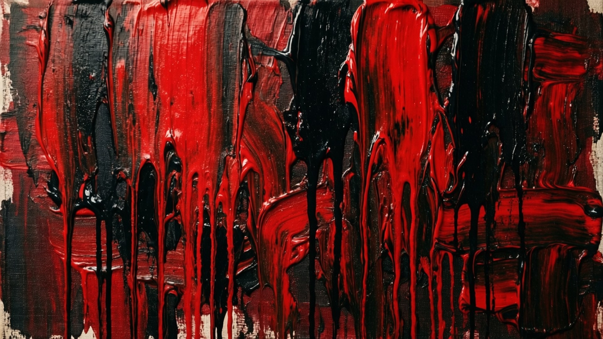 Acrylic Drip Abstract 壁紙 — 大膽的紅色和黑色油漆滴垂直流過有紋理的畫布，呈現原始抽象表現主義風格。