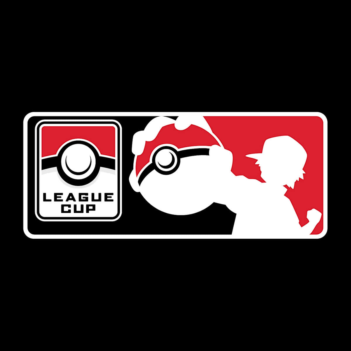 Pokemon League 桌布 壁紙 — 一個大膽的紅黑標誌，包含精靈球剪影和訓練家形象，背景為純黑色。
