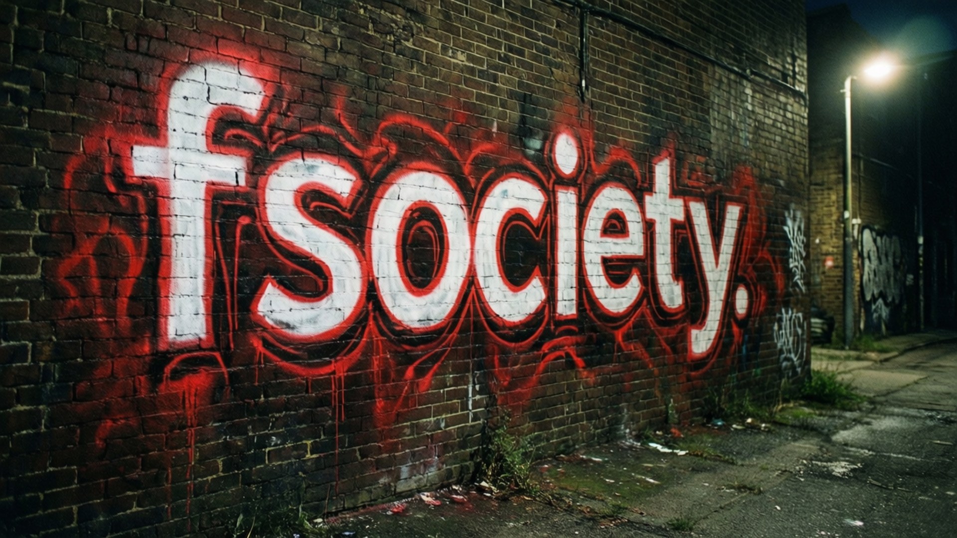 駭客軍團 桌布 壁紙 — 夜間，在單一街燈下，大膽的紅白塗鴉拼出「fSociety」，沿著深色磚牆滴落。