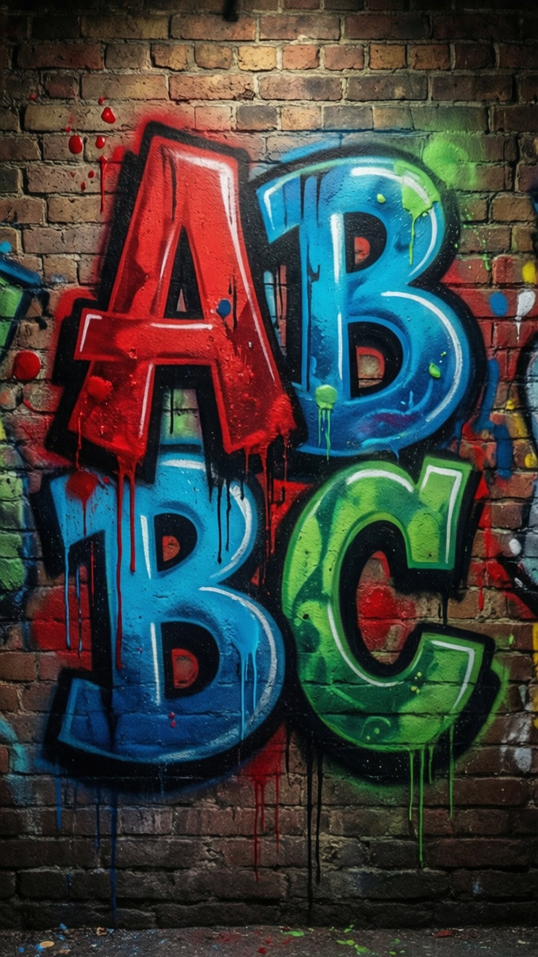 Graffiti ABC Wall 壁紙 — 大膽的紅色、藍色和綠色塗鴉字母ABC沿著風化的磚牆滴落，帶有飛濺的油漆。
