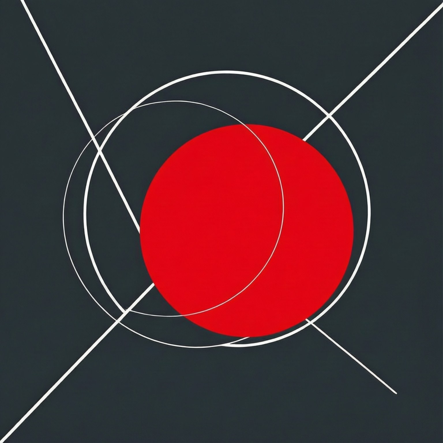 Red Circle Geometry 壁紙 — 一個大膽的紅色圓圈位於深灰色背景中央，被白色同心圓和對角線交叉。