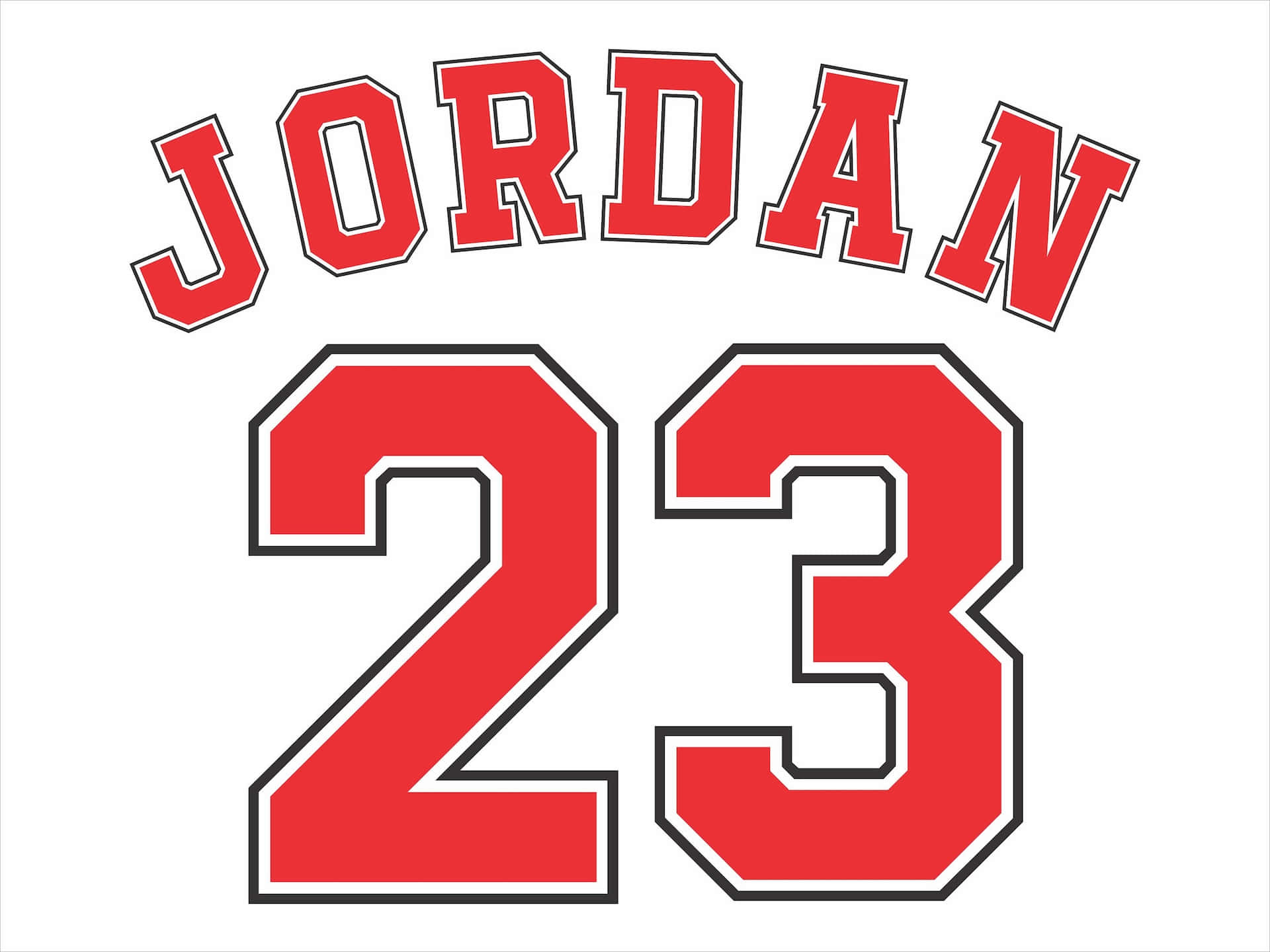  壁紙 — 大膽的紅色 'JORDAN 23' 籃球球衣字體，帶有黑色和白色輪廓，背景為純白色。