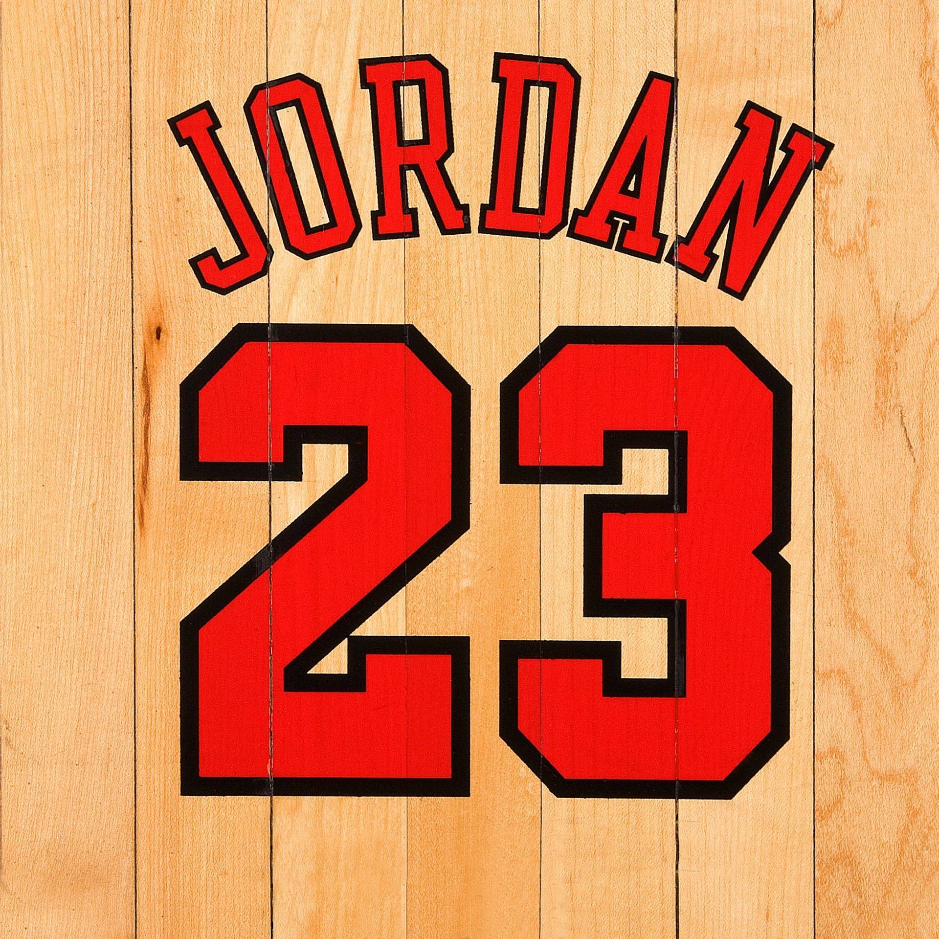 木製籃球場背景上的紅色 Jordan 23 球衣號碼。 — 籃球 Jordan 壁紙